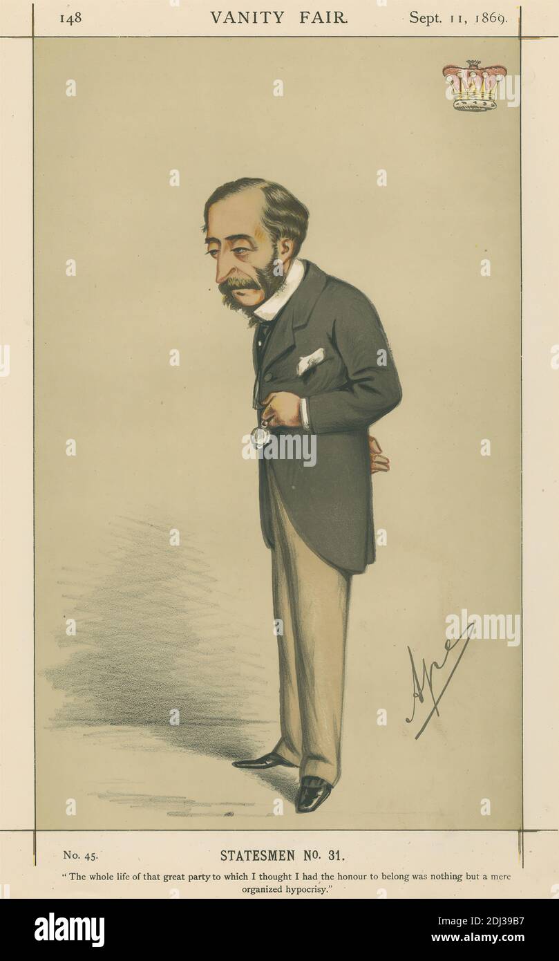 Politicians - Vanity Fair - 'The Whole life of that great party to which I thought I had the honour to belong was nothing but a mere organized hypocrisy'. Lord Carnarvon. Sept 11, 1869, Carlo Pellegrini, 1839–1889, Italian, 1869, Chromolithograph Stock Photo