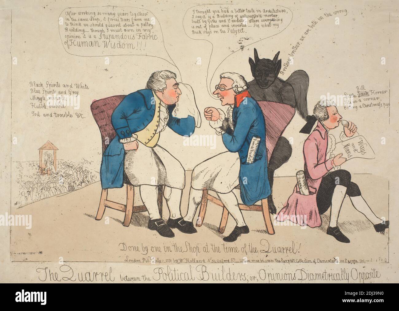 The Quarrel between the Political Builders, Or, Opinions Diametrically Opposite, (?) George Townshend, 1724–1807, British, 1791, Etching, hand-colored, Sheet: 10 1/4 x 14 1/2in. (26 x 36.8cm Stock Photo