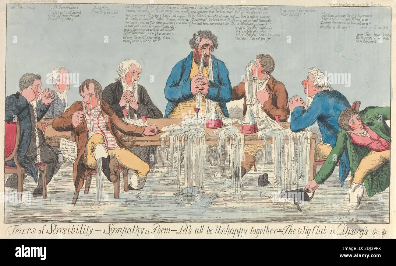 Tears of Sensibility - Sympathy a Poem - Let's All be Unhappy Together - i.e. - The Wig Club in Distress etc. etc., Charles Ansell, ca.1752–active 1790, British, 1797, Etching, hand-colored, Sheet: 9 x 15 3/4in. (22.9 x 40cm), club (association Stock Photo
