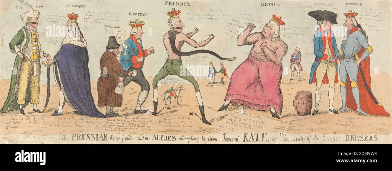 The Prussian Prize-fighter and his Allies attempting to tame Imperial Kate, or, The State of the European Bruisers., William Dent, active 1784–1793, 1791, Etching with watercolor on wove paper, Sheet: 7 5/8 x 22 3/16in. (19.4 x 56.4cm Stock Photo