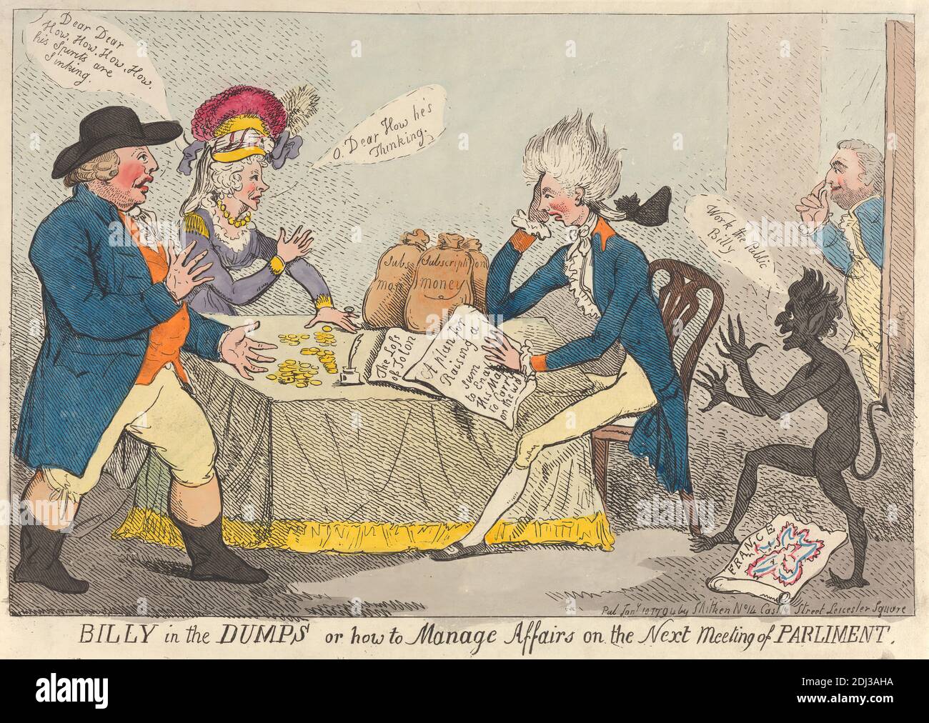 Billy in the Dumps or How to Manage Affairs on the Next Meeting of Parliament, unknown artist, 1794, Etching, hand-colored, Sheet: 8 13/16 x 13 3/16in. (22.4 x 33.5cm Stock Photo