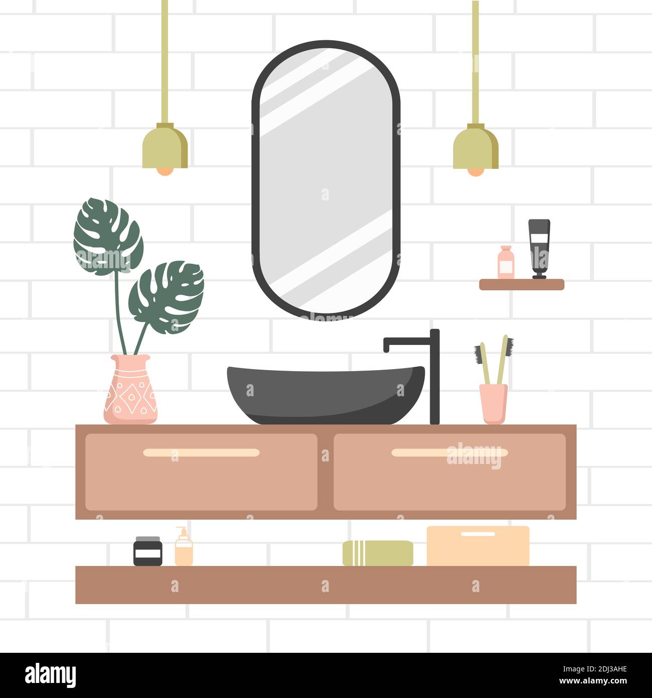 Modern bathroom interior. Cozy white room with oval mirror and black sink. Stock Vector