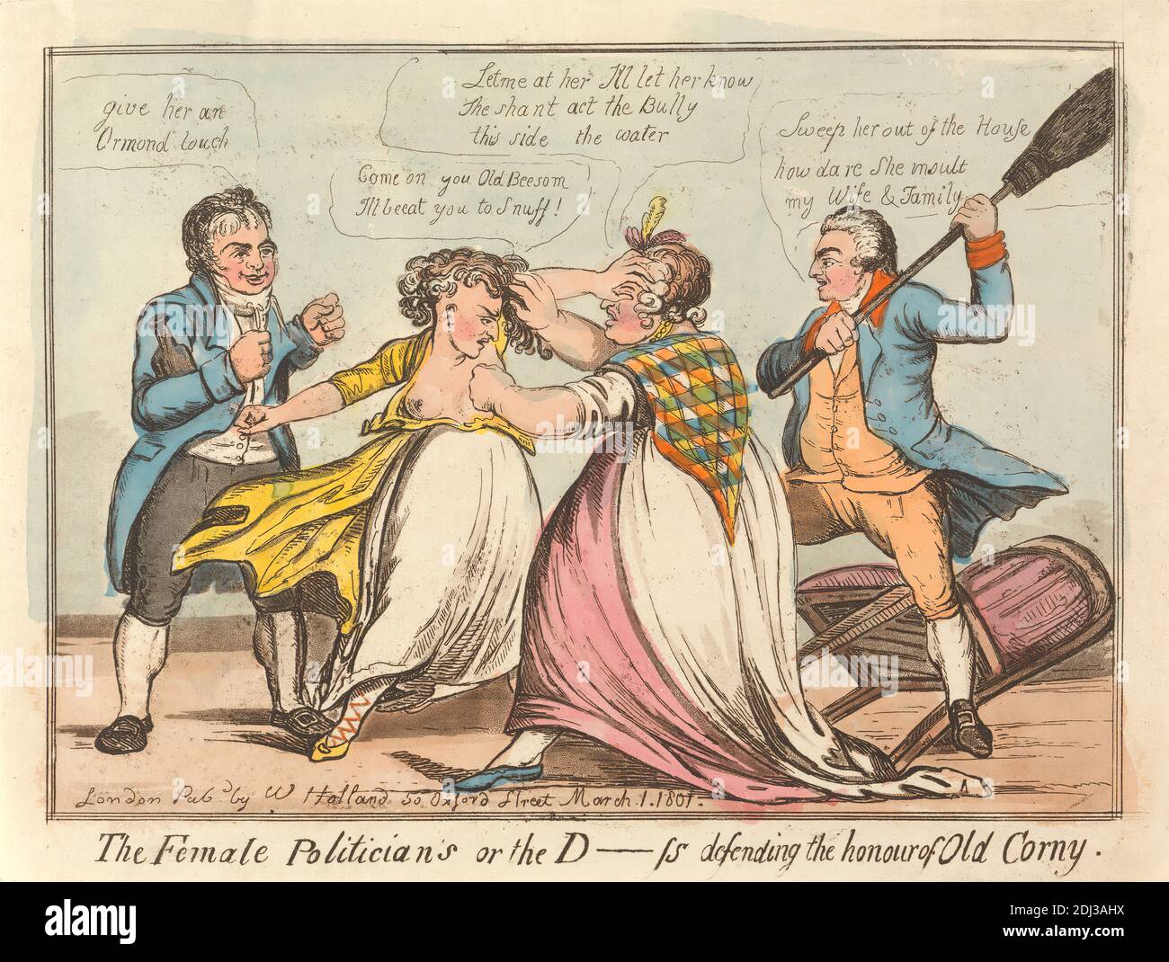 The Female Politicians, Or - The D____ss Defending the Honour of Old Corny, unknown artist, 1801, Etching and aquatint, hand-colored, Sheet: 7 15/16 x 11in. (20.2 x 27.9cm Stock Photo