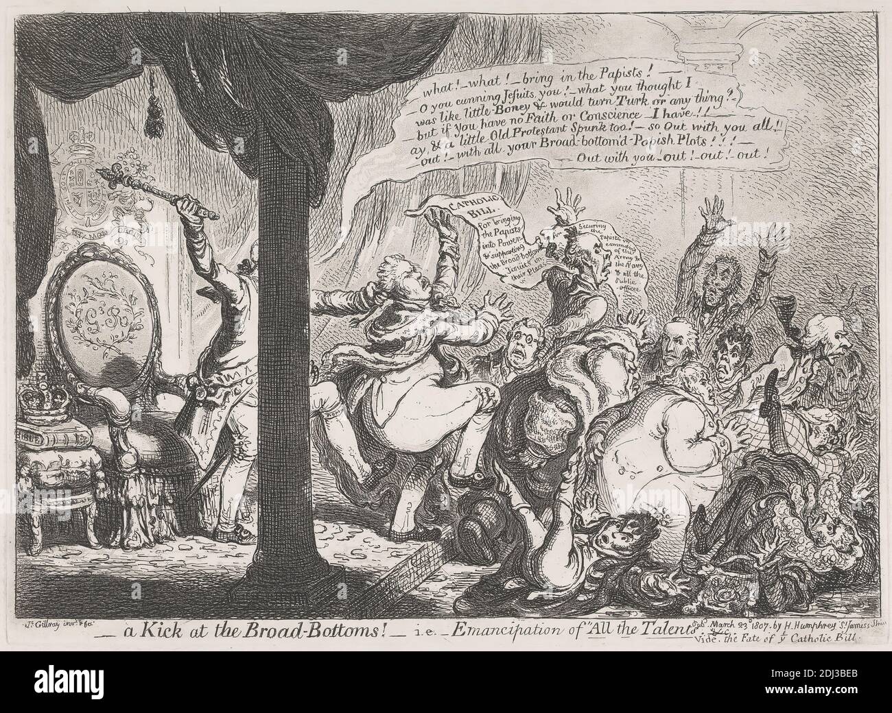 A Kick at the Broad-Bottoms! - i.e.- Emancipation of 'All the Talents' - Vide the Fate or Yet Catholic Bill, James Gillray, 1757–1815, British, 1807, Etching, Sheet: 9 5/8 x 13 3/4in. (24.4 x 34.9cm Stock Photo