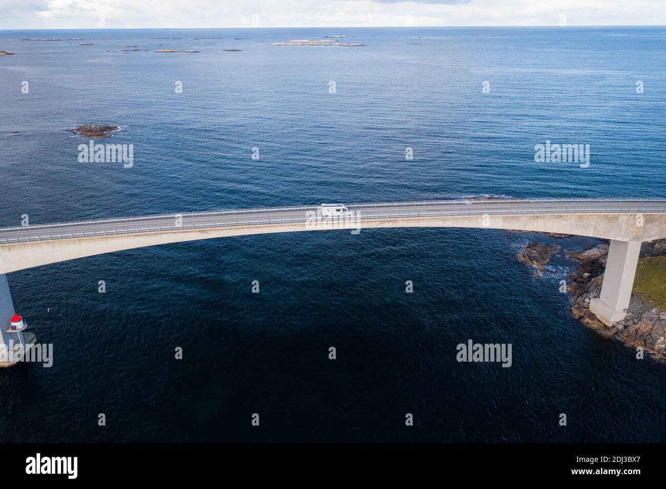Vevang UAV recording, campervan on the island link road Atlantic Ocean Road ...