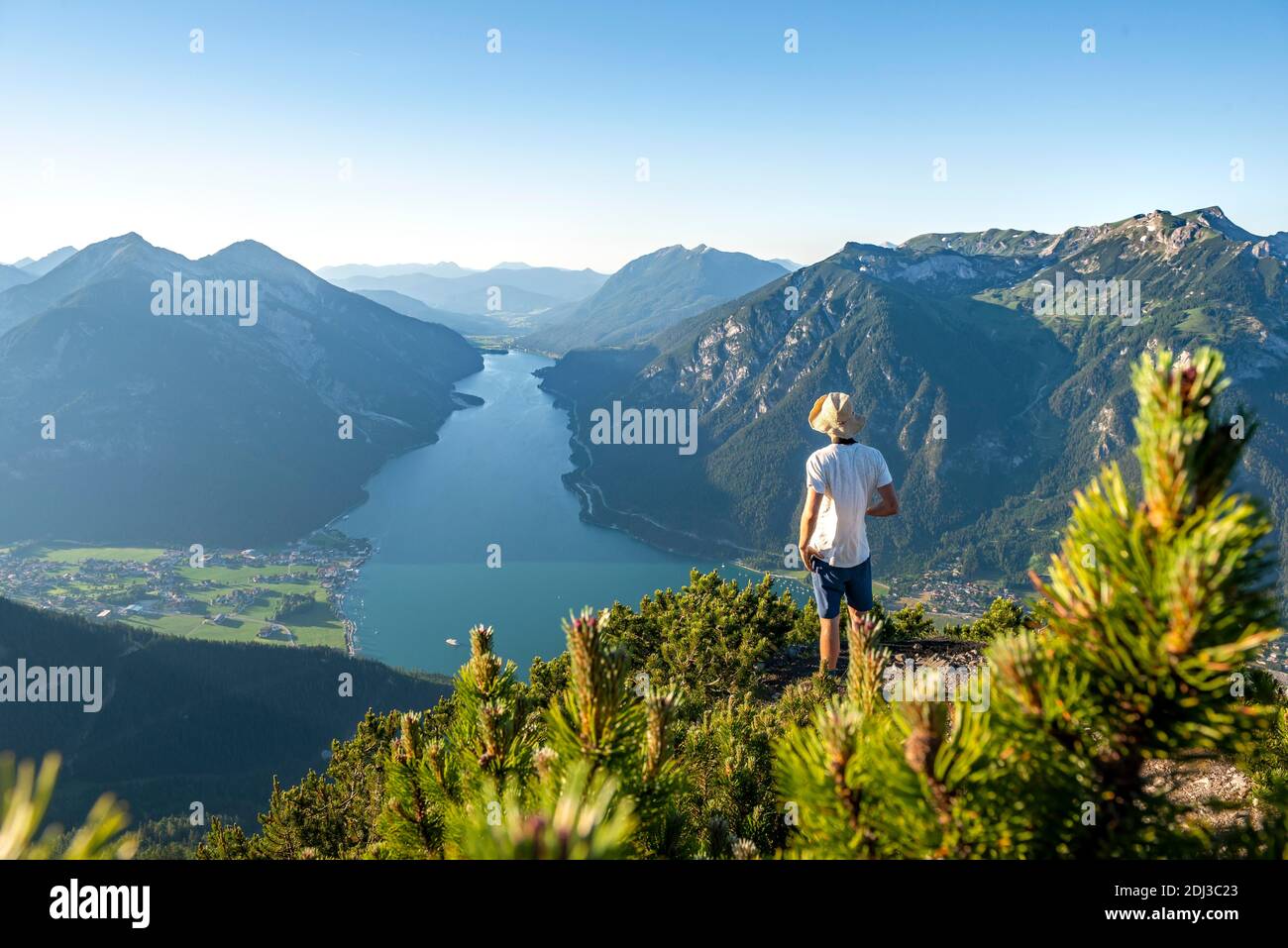 Young man looking over mountain landscape, mountain pines at the top of Baerenkopf, view of Achensee at sunset, on the left Seekarspitze and Stock Photo