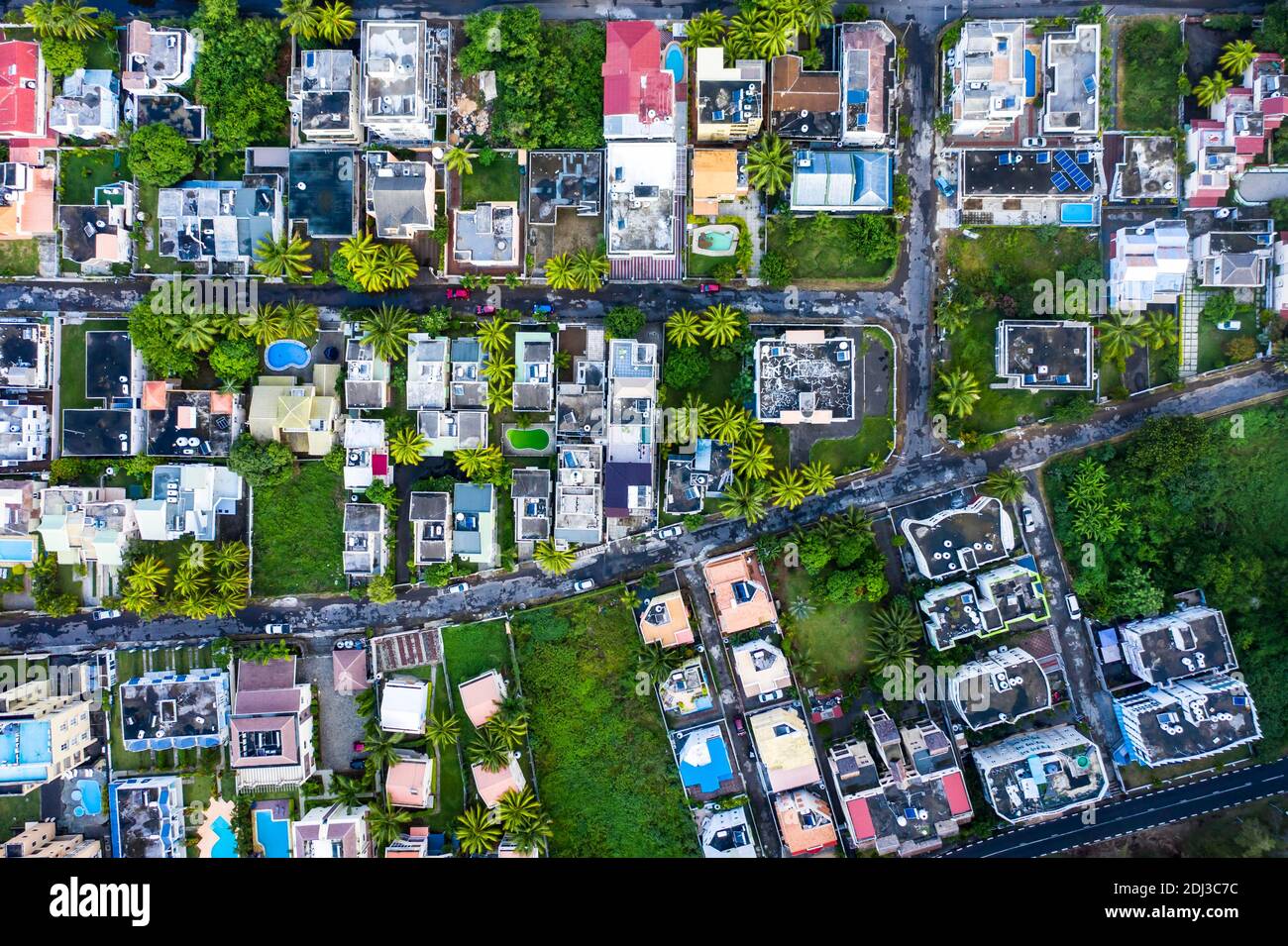 Aerial view, the village Flic en Flac with houses, Mauritius Stock