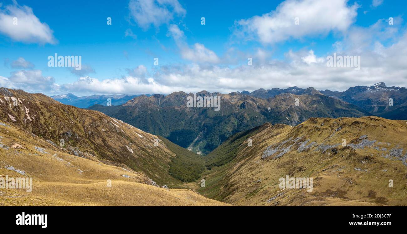 View of the Murchison Mountains and Southern Alps from the Kepler Track, Great Walk, Fiordland National Park, Southland, New Zealand Stock Photo
