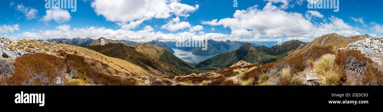 Kepler Track, Great Walk, view of the South Fiord of Lake Te Anau, Murchison Mountains and Southern Alps in the back, Panorama, Fiordland National Stock Photo
