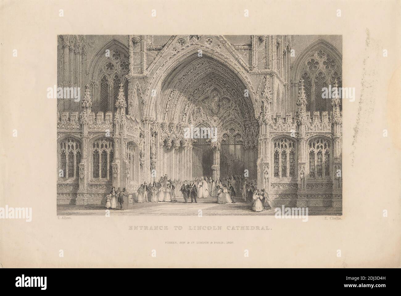 Entrance to Lincoln Cathedral, Print made by Ebenezer Challis, active 1837–1859, after Thomas Allom, 1804–1872, British, Published by Fisher, Son & Co., active 1821–1848, British, 1837, Etching on moderately thick, smooth, cream wove paper, Sheet: 5 13/16 x 8 5/8 inches (14.8 x 21.9 cm) and Image: 3 7/8 x 6 1/16 inches (9.8 x 15.4 cm), arch, architectural subject, canes, cathedral, church, dresses, entrance hall, fancy dress, men, nave, people, priests, sculpture, stained glass, statues, top hats, windows, women, England, Lincoln, Lincoln Cathedral, Lincolnshire, United Kingdom Stock Photo
