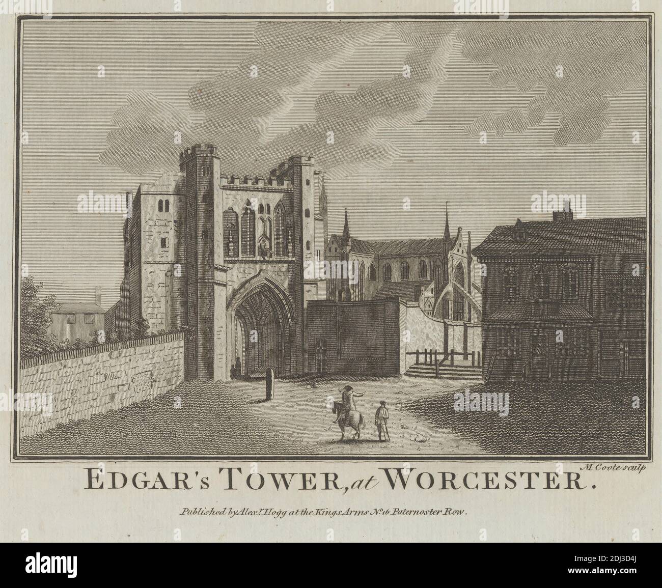 Edgar's Tower at Worcester, Print made by M. Coote, active 1876, after unknown artist, Published by Alexander Hogg, active 1778–1824, British, before 1786, Line engraving and etching on medium, slightly textured, light blue laid paper, Sheet: 7 5/8 x 9 1/4 inches (19.4 x 23.5 cm), Plate: 6 7/8 x 8 15/16 inches (17.5 x 22.7 cm), and Image: 5 1/16 x 7 3/16 inches (12.8 x 18.2 cm), arches, architectural subject, architecture, buildings, cathedral, church, city, cityscape, gate, gateway, genre subject, gesture, horse (animal), houses, men, path, pointing, stairs, tower (building division), town Stock Photo