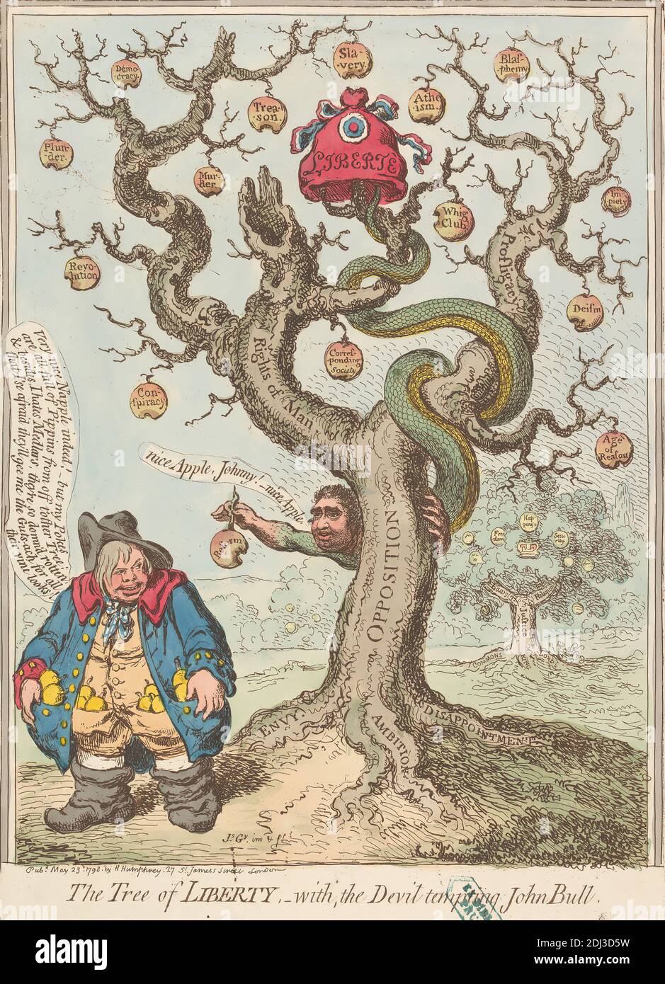 The Tree of Liberty, - With The Devil Tempting John Bull (Fox), James Gillray, 1757–1815, British, 1798, Etching in brown ink, hand-colored, Sheet: 14 3/8 x 10 7/16in. (36.5 x 26.5cm Stock Photo