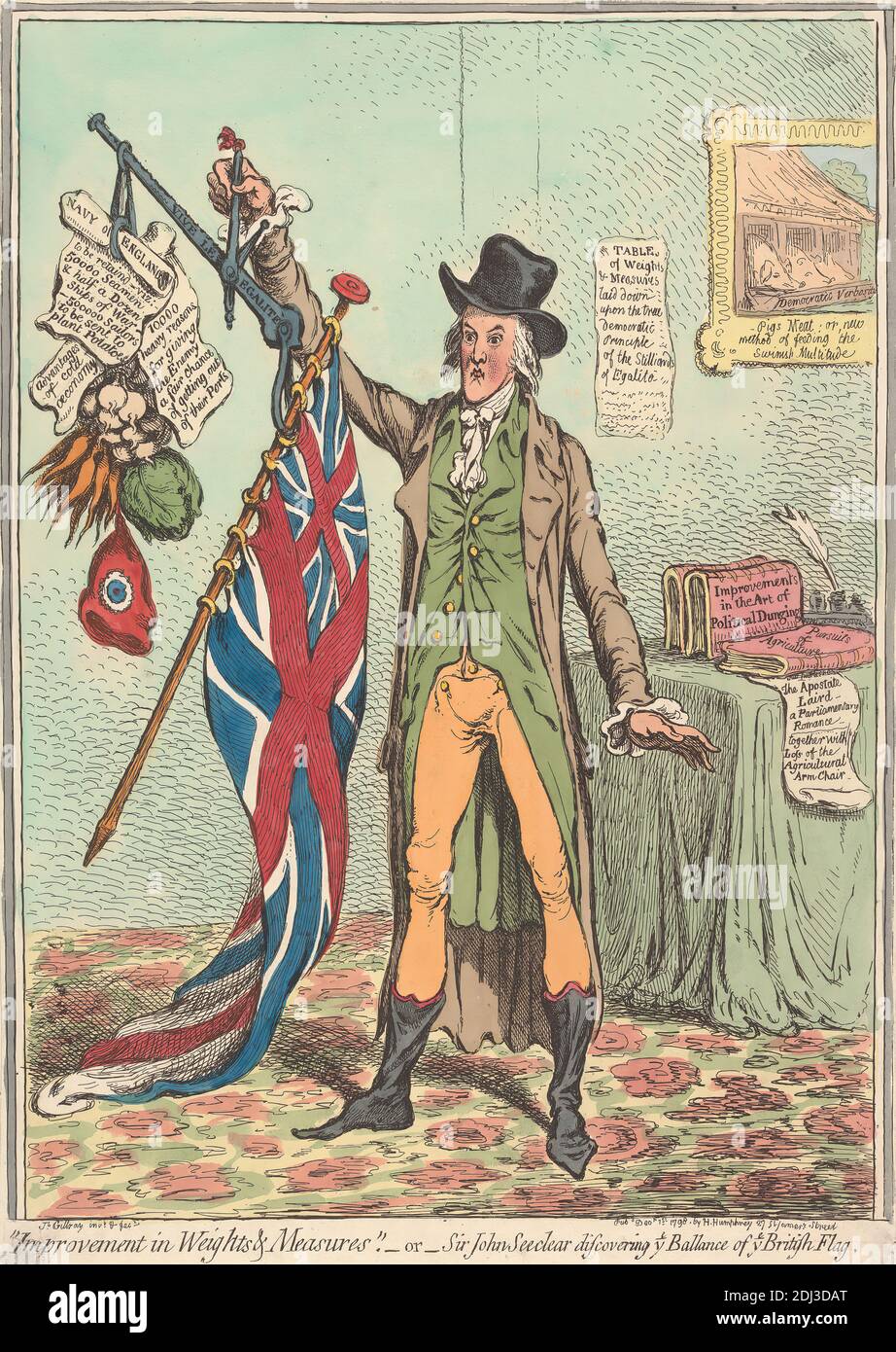 Improvement in Weights and Measures. - or - 'Sir John Seeclear Discovering e/y Ballance of e/y Flag' (from: Caricature, vol. 1), James Gillray, 1757–1815, British, 1798, Etching, hand-colored, Sheet: 13 1/2 x 9 5/8in. (34.3 x 24.4cm Stock Photo