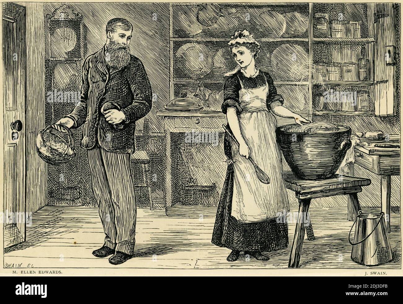 Engraving of a domestic servant preparing food for the master of the house Stock Photo