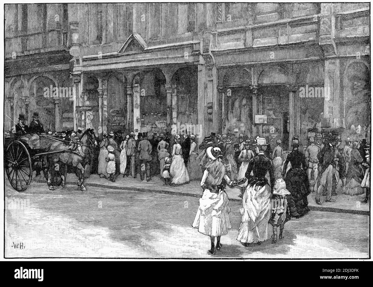 Engraving of people shopping at the 'block' in Collins Street, Melbourne, Victoria, Australia, circa 1880 Stock Photo