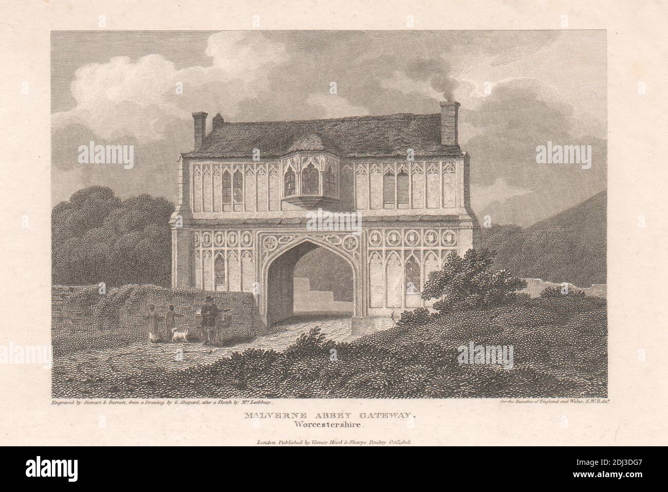 Malverne Abbey Gateway, Worcestershire, James Stewart, 1791–1863, British, And John Burnet, 1784–1868, British, after George Shepherd, active 1782–1830, And after Mrs. M. A. Lathbury, active 18th century, 1808 Stock Photo