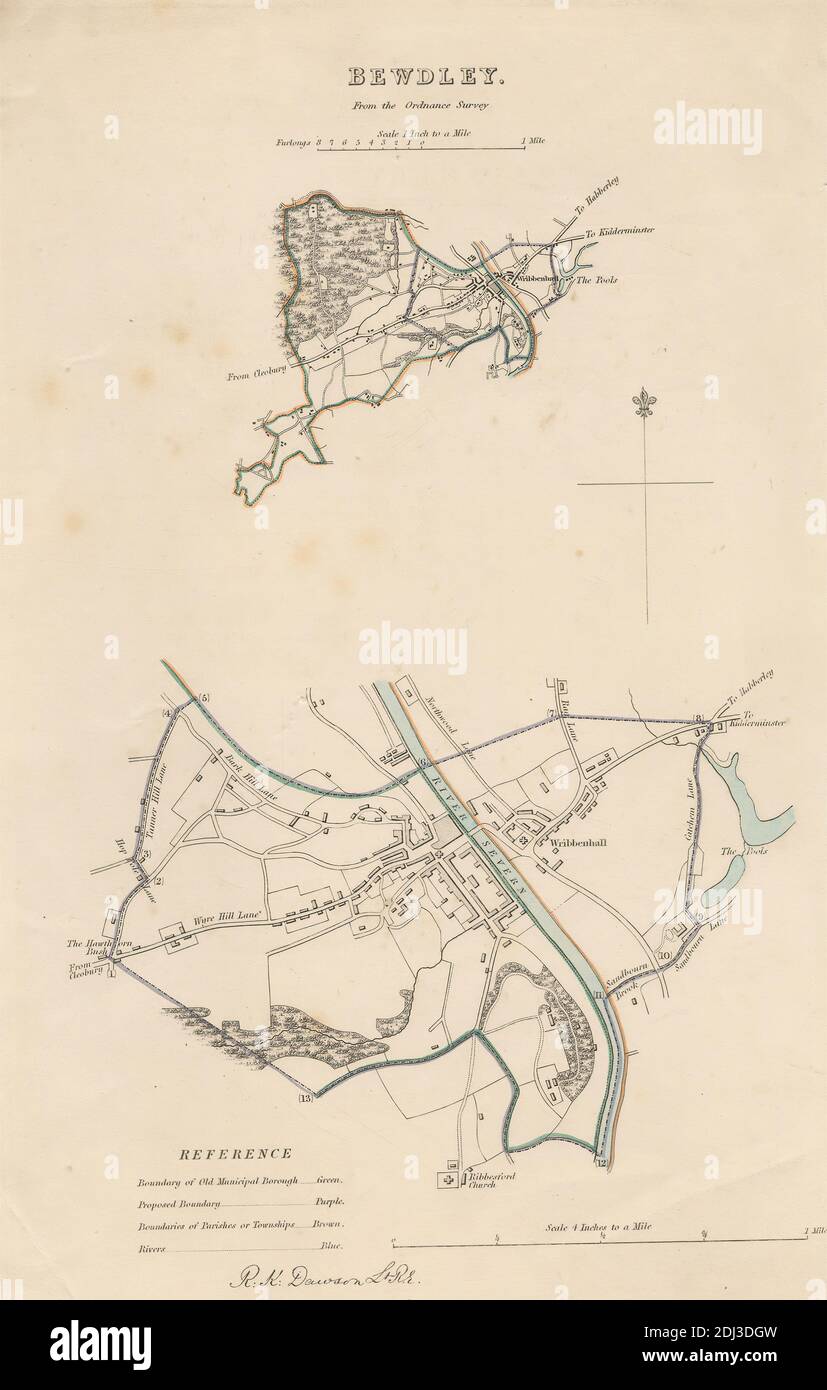 Map of Bewdley from the Ordnance Survey, Print made by Robert Kearsley Dawson, 1798–1861, British, undated, Etching with hand coloring on moderately thick, slightly textured, cream wove paper, Sheet: 13 9/16 x 8 7/16 inches (34.4 x 21.4 cm) and Image: 10 3/4 x 7 inches (27.3 x 17.8 cm), architectural subject, boundaries, cartographic material, cartography, key (text), map, river, scale (rule), still life, streets, town, Bewdley, England, Hereford and Worcester, Severn, United Kingdom Stock Photo