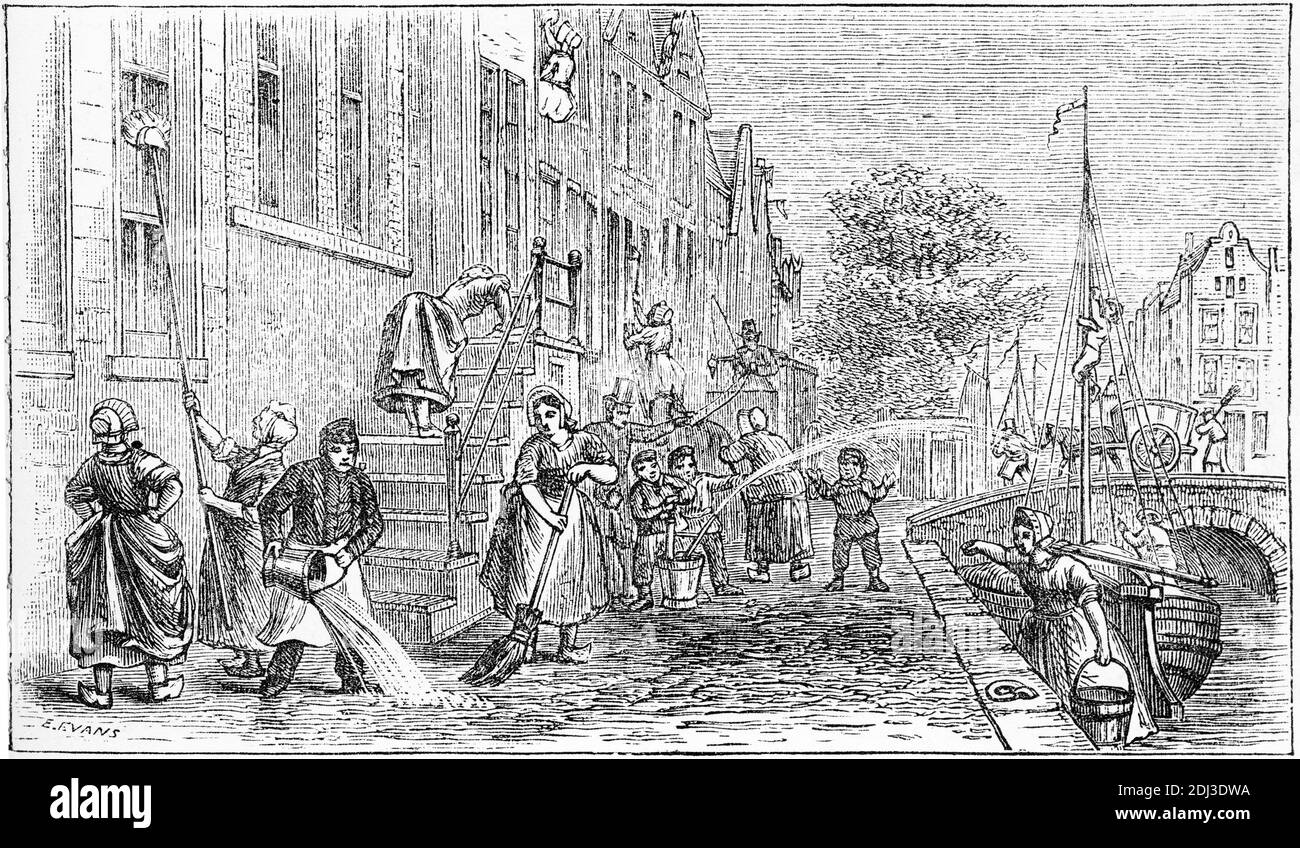Delightful engraving of families cleaning their homes on a Saturday morning in Rotterdam, the Netherlands Stock Photo