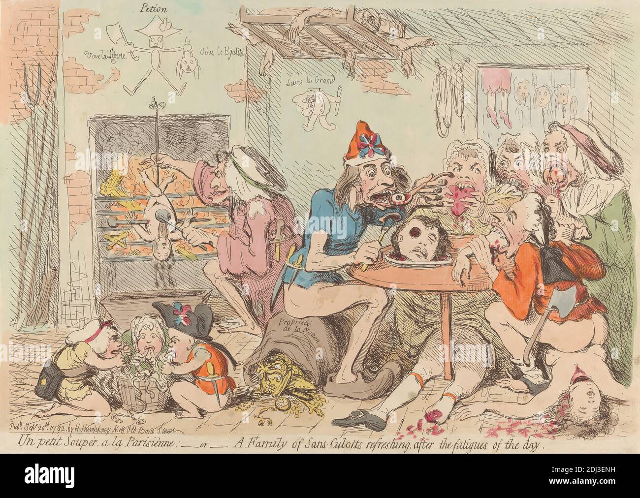 Un Petit Souper, a La Parisienne; - or - A Family of Sans-Culotts Refreshing, After the Fatigues of the Day, James Gillray, 1757–1815, British, 1792, Etching, hand-colored, Sheet: 10 x 14in. (25.4 x 35.6cm Stock Photo