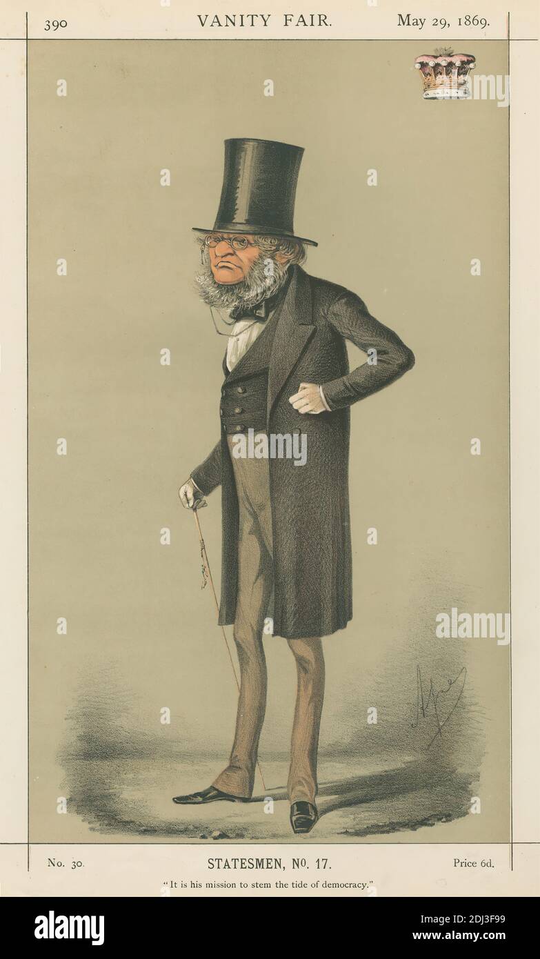 Prime Ministers - Vanity Fair. 'It is his mission to stem the tide of democracy.' The Earl of Derby. 29 May 1869, Carlo Pellegrini, 1839–1889, Italian, 1869, Chromolithograph Stock Photo