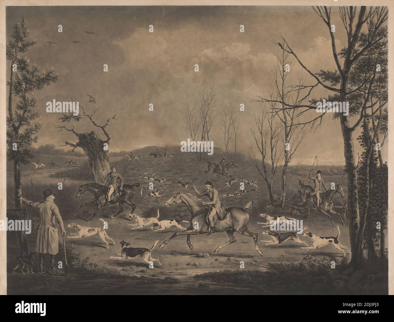 Fox Hunting: Sir Mark Masterman Sykes and His Hounds., William Ward, 1766–1826, British, after Henry Bernard Chalon, 1771–1849, British, 1821, Mezzotint, Sheet: 21 7/8 x 28 3/4in. (55.6 x 73cm Stock Photo