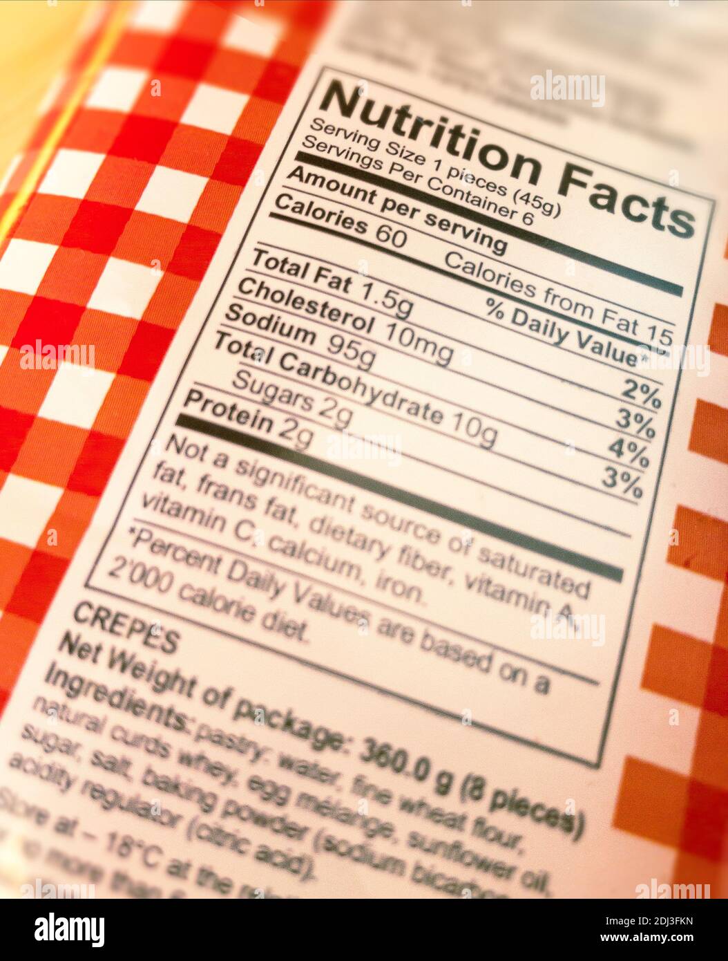 Nutrition Facts table on pasta package Stock Photo