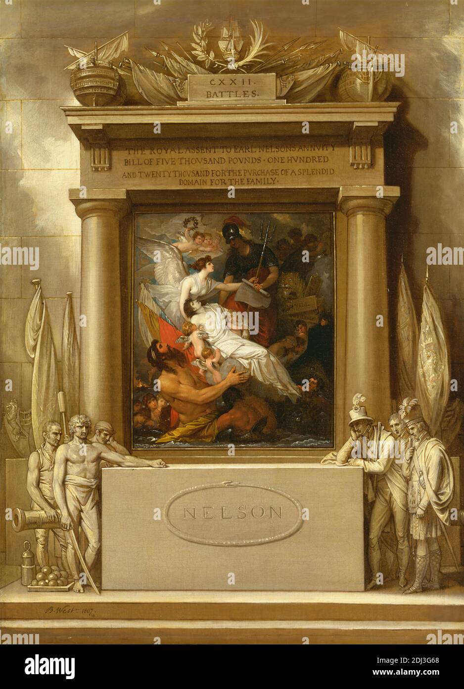 The Apotheosis of Nelson, Benjamin West, 1738–1820, American, active in Britain (from 1763), 1807, Oil on canvas, Support (PTG): 39 1/2 x 29 inches (100.3 x 73.7 cm), admiral, allegory, architectural subject, babies, cannon, cannonballs, cherubs, children, columns (architectural elements), costume, death, divine, engraving (incising), flags, hero, laurel, lifting, lion, memorial, men, military art, monument, mythology, painting (visual work), raising (lifting), relief (sculpture), sculpture, sea, shelf, ships, soldiers, sword, triumph, trompe-l'oeil, women Stock Photo