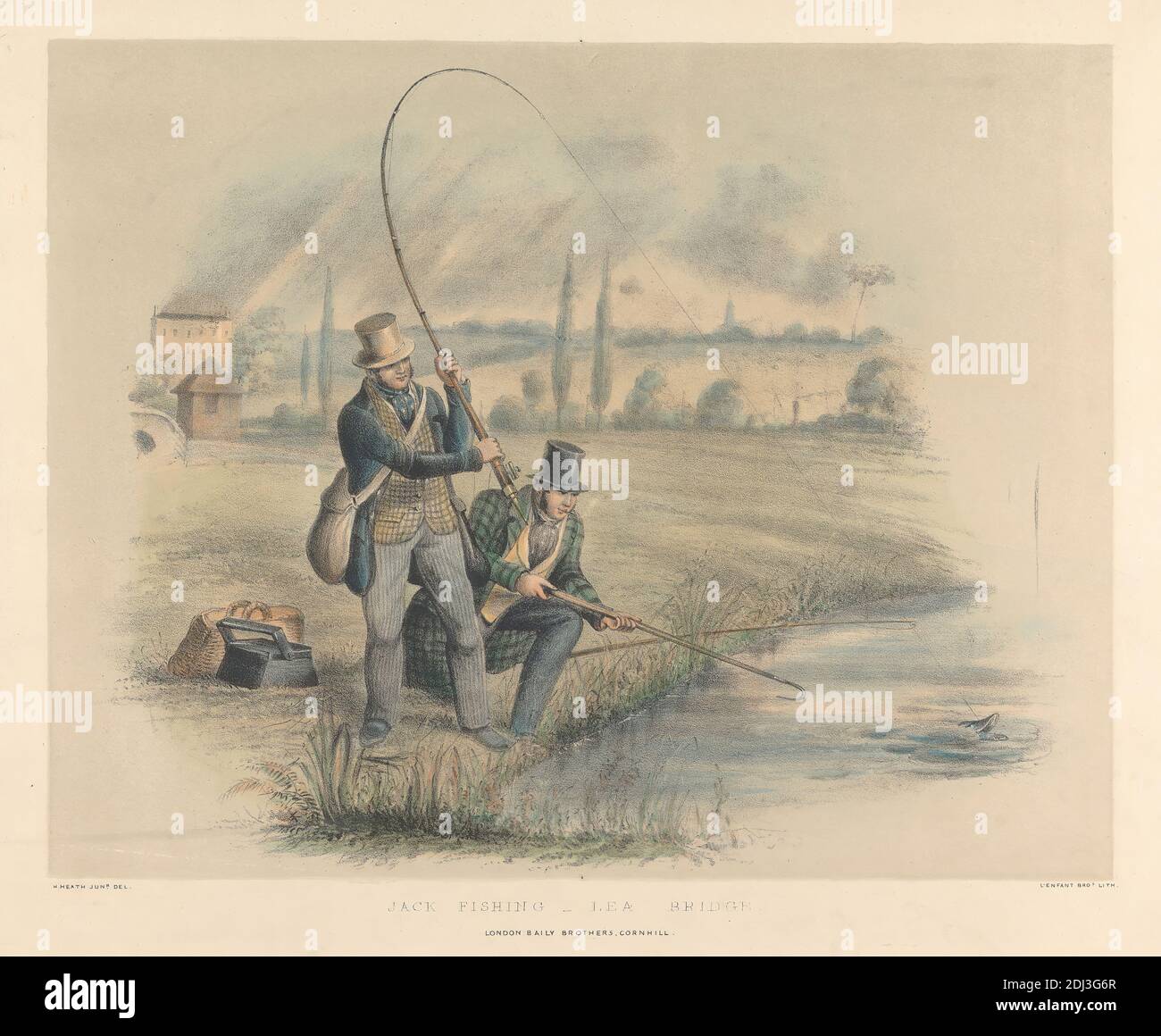 Angling set of six: 1. Jack Fishing-Lea Bridge, Henry Heath, active 1824–1835, British, no date, Hand colored lithograph, Sheet: 8 7/8 x 11 3/8in. (22.5 x 28.9cm Stock Photo