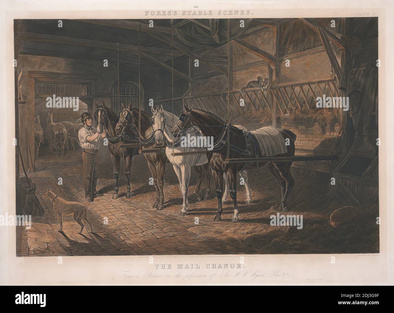 Fore's Stable Scenes: The Mail Change, John Harris, 1811–1865, British, after John Frederick Herring, 1795–1865, British, 1844, Aquatint, hand-colored, Sheet: 17 1/4 x 26 1/2in. (43.8 x 67.3cm Stock Photo