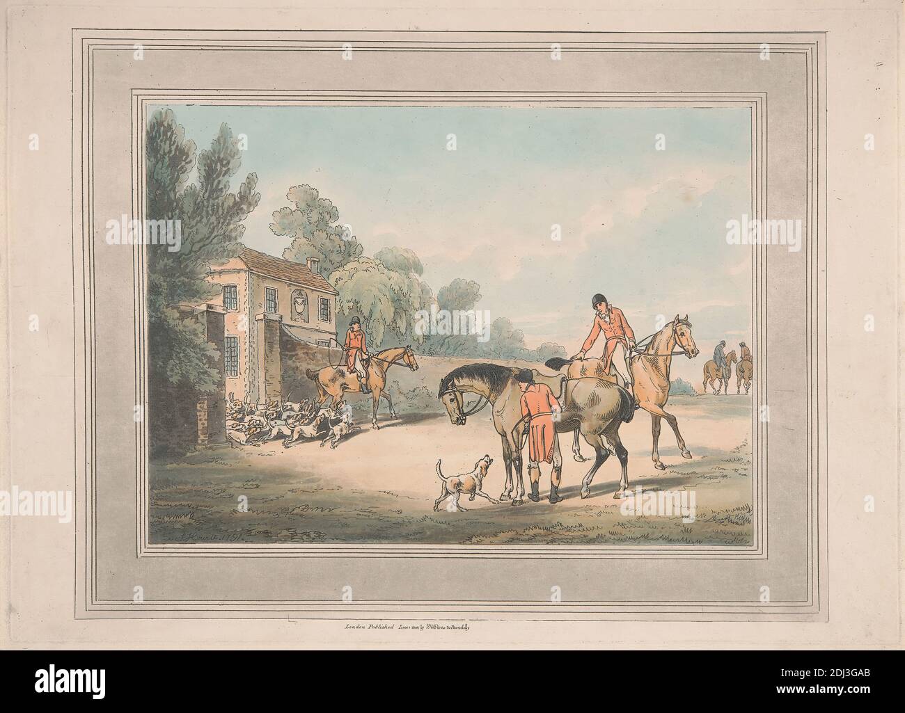 Hunting, Shooting, etc. four of a set of six, untitled: 1.Going out of Kennel, Samuel Howitt, 1756–1822, British, 1802, Aquatint, hand-colored with aquatinted border, Sheet: 9 x 13 1/4in. (22.9 x 33.7cm Stock Photo