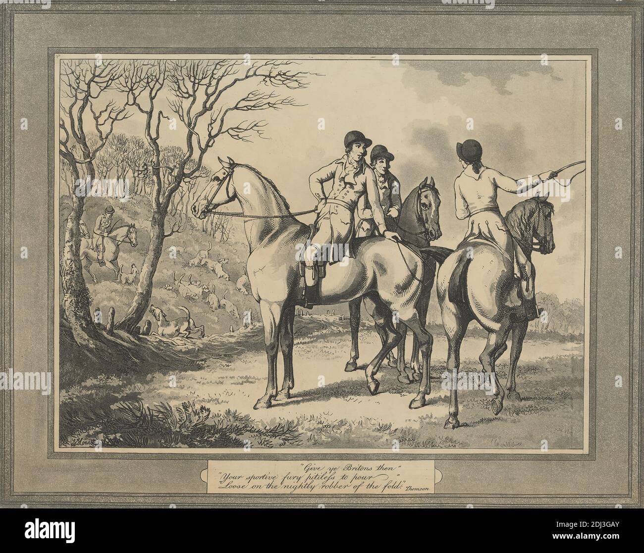 Hunting, Shooting, etc. set of six: 1. 'Give ye Britons then', Samuel Howitt, 1756–1822, British, 1794, Aquatint, Sheet: 9 3/4 x 12 1/4in. (24.8 x 31.1cm Stock Photo