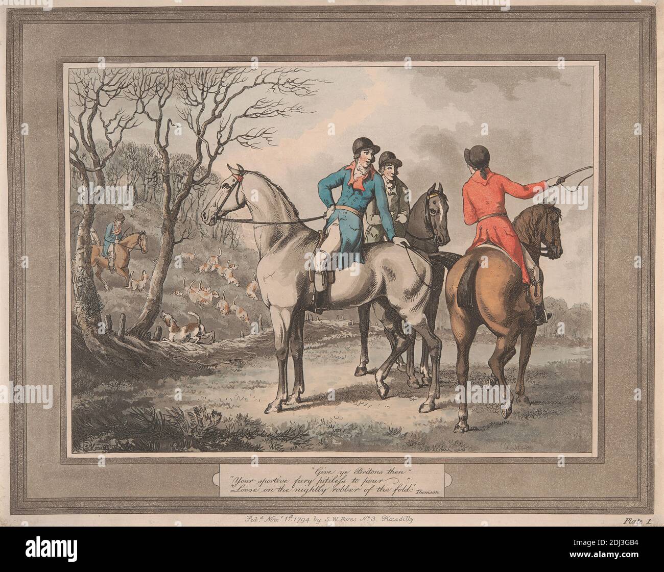 Hunting, Shooting, etc. set of six: 1. 'Grow ye Britons then', Samuel Howitt, 1756–1822, British, 1794, Aquatint, hand-coloreds with aquatinted border, Sheet: 9 3/4 x 12 1/4in. (24.8 x 31.1cm Stock Photo