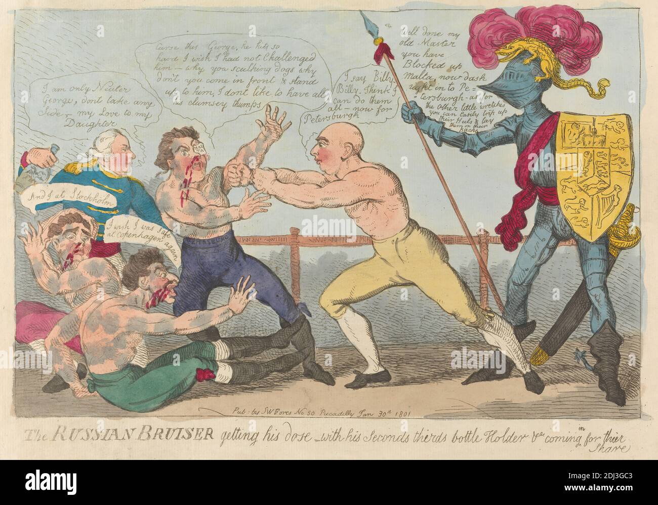 The Russian Bruiser Getting his Dose - With his Seconds Thirds bottle Holder and (?) coming in for their Share, Isaac Cruikshank, 1756–1810, British, 1801, Etching, hand-colored, Sheet: 8 1/4 x 12 5/8in. (21 x 32.1cm Stock Photo