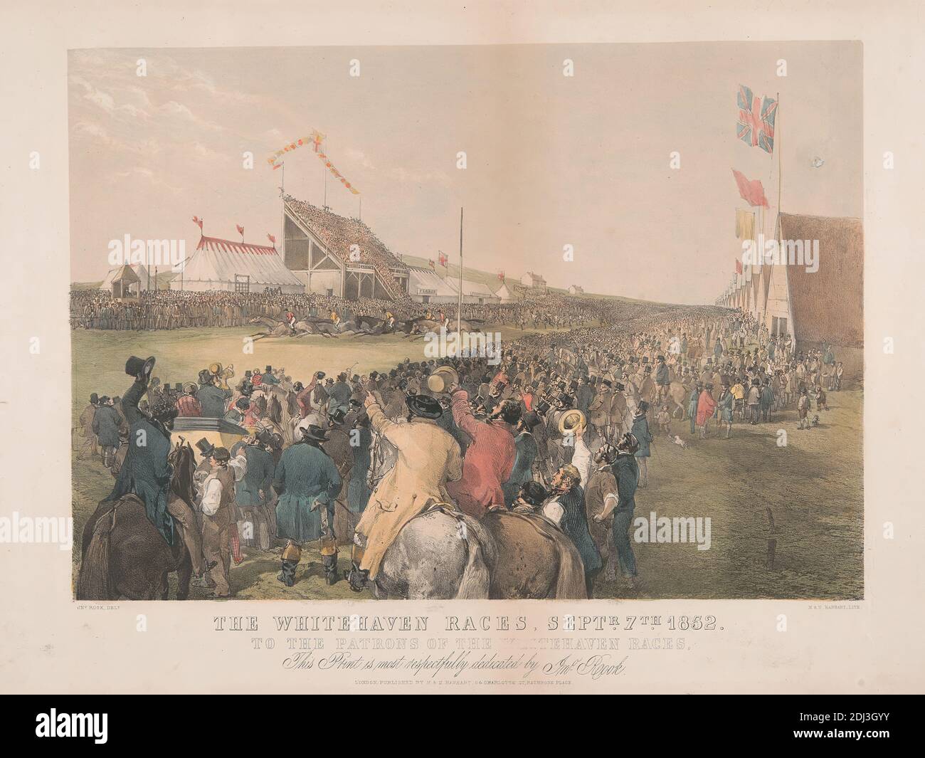 The Whitehaven Races, Septr. 7th, 1852 / To the Patrons of the Whitehaven Races / This Print is most respectively dedicated by Jno. Rook, Michael Hanhart, active 1841–1852, And N. Hanhart, active 1841–1852, after John Rook, active 1852, 1852, Hand colored lithograph, Sheet: 10 3/4 x 14 3/4in. (27.3 x 37.5cm Stock Photo