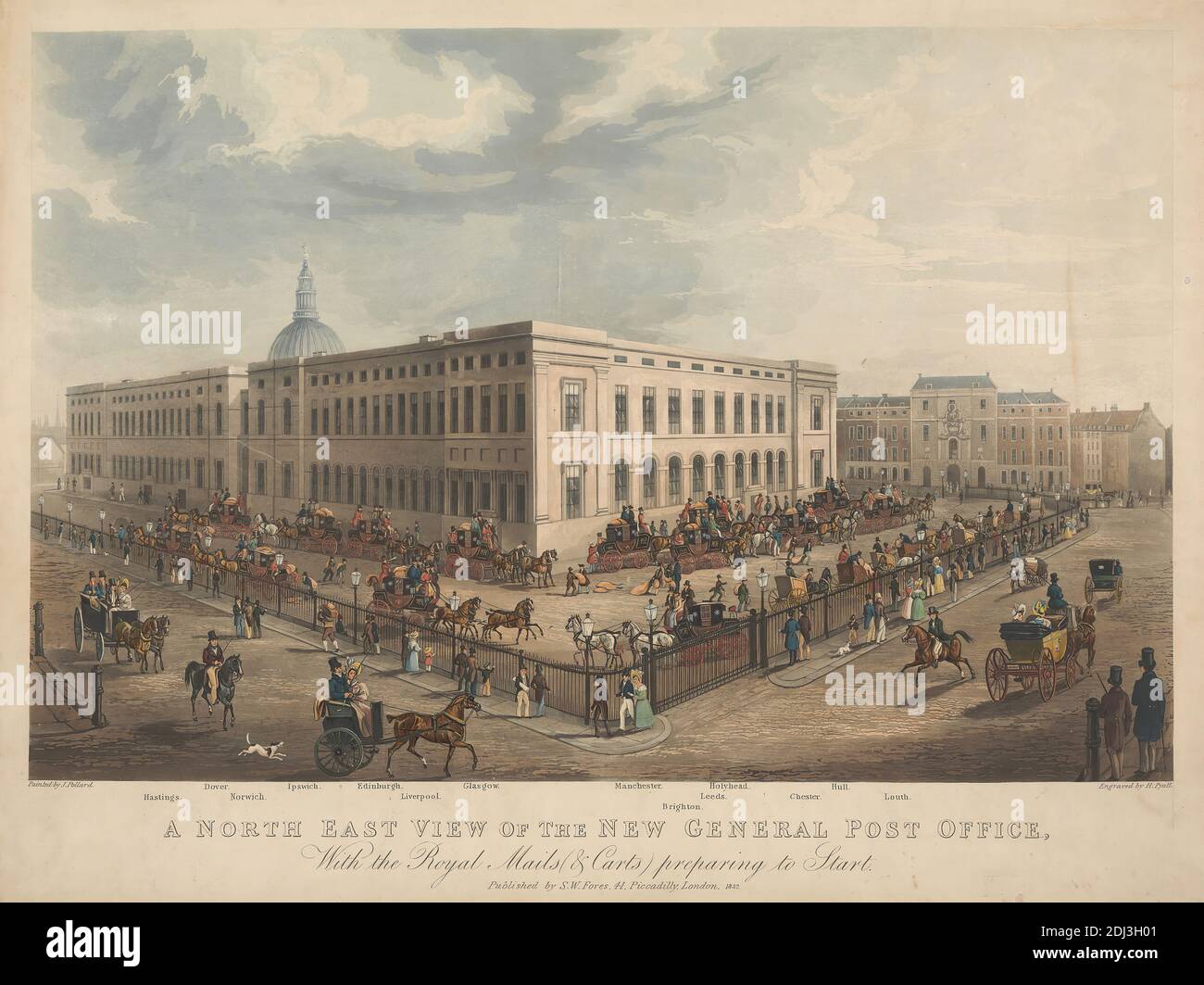 Coaching: A North East View of the General Post Office, with the Royal Mails (& Carts) preparing to Start, Henry Pyall, 1795–1833, British, after James Pollard, 1792–1867, British, 1832, Aquatint, hand-colored, Sheet: 14 7/8 x 22 1/2in. (37.8 x 57.2cm Stock Photo