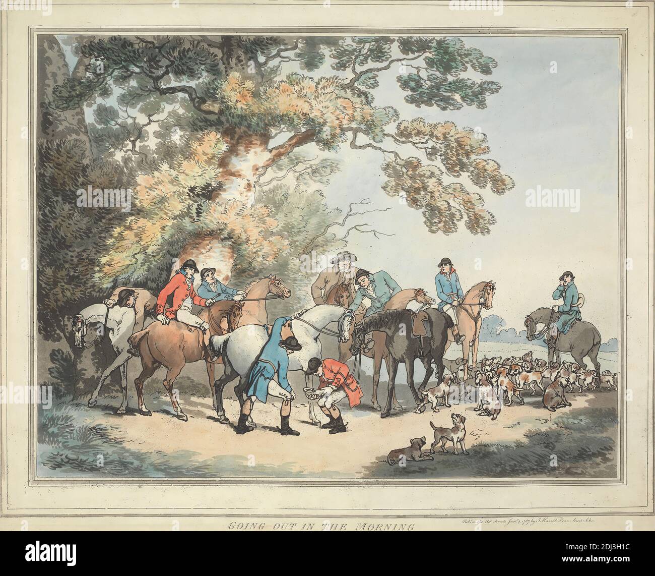 Fox-Hunting set of six: 1. Going Out in the Morning, Thomas Rowlandson, 1756–1827, British, after Thomas Rowlandson, 1756–1827, British, 1787, Aquatint, hand-colored, Sheet: 15 3/4 x 20 1/8in. (40 x 51.1cm Stock Photo