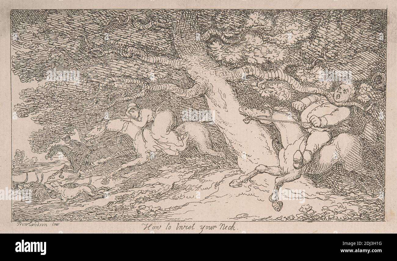 Fox-hunting: How to Twist your Neck from 'Advice to Sportsmen', Thomas Rowlandson, 1756–1827, British, after Thomas Rowlandson, 1756–1827, British, 1809, Etching, Sheet: 3 1/8 x 5 1/2in. (7.9 x 14cm Stock Photo