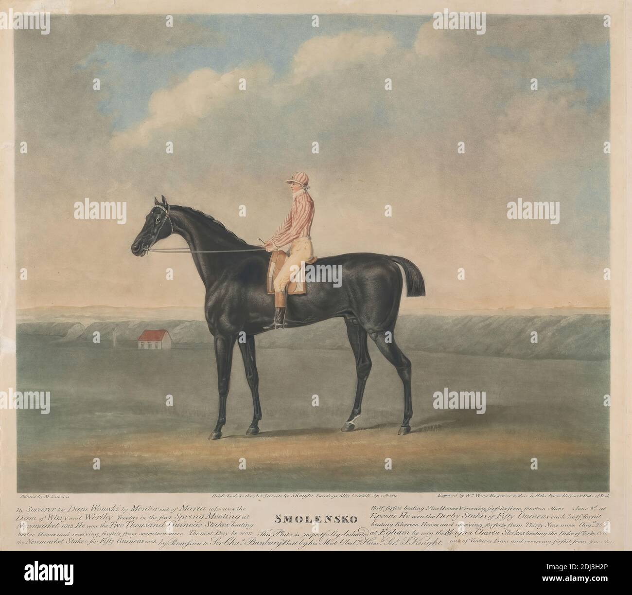 Racing: 'Smolensko' / By Sorcerer his Dam Wowski by Mentor out of Maria who was the / Dam of Waxy and Worthy Tuesday in the first Spring Meeting at / Newmarket ..., William Ward, 1766–1826, British, after John Nost Sartorius, 1759–1828, British, 1813, Mezzotint, color-printed, Sheet: 15 3/4 x 19 5/8in. (40 x 49.8cm Stock Photo
