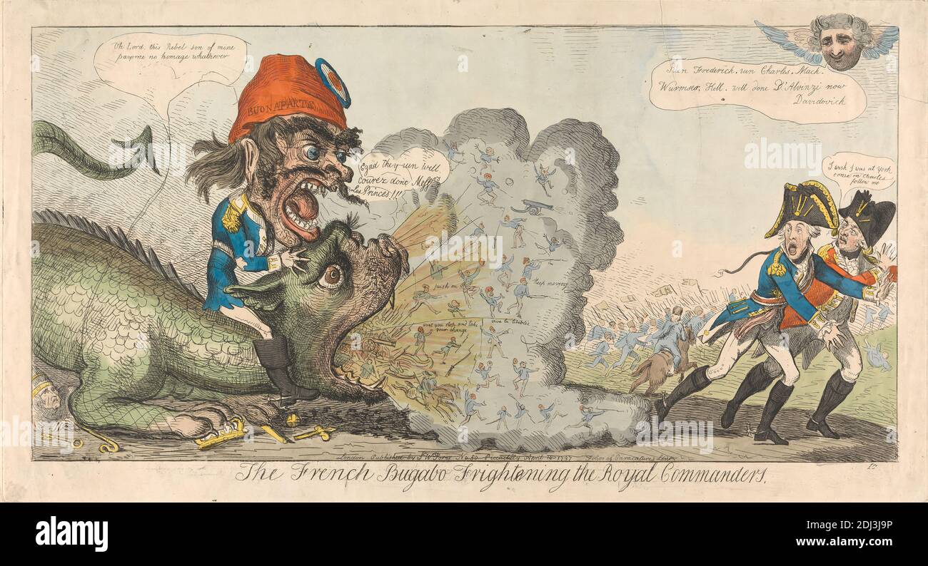 The French Bugabo Frightening the Royal Commanders, Isaac Cruikshank, 1756–1810, British, 1797, Etching, hand-colored, Sheet: 9 5/8 x 19 1/4in. (24.4 x 48.9cm Stock Photo