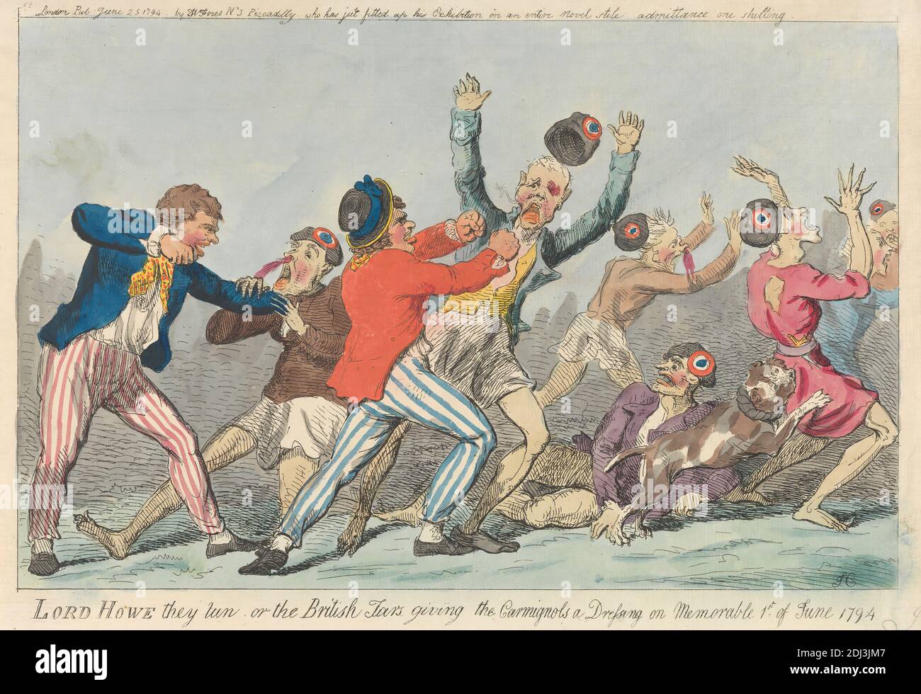 Lord Howe they run, or the British Tars giving the Carmignols a Dressing on Memorable 1st of June 1794, Isaac Cruikshank, 1756–1810, British, 1794, Etching, hand-colored, Sheet: 8 3/8 x 12 7/8in. (21.3 x 32.7cm Stock Photo