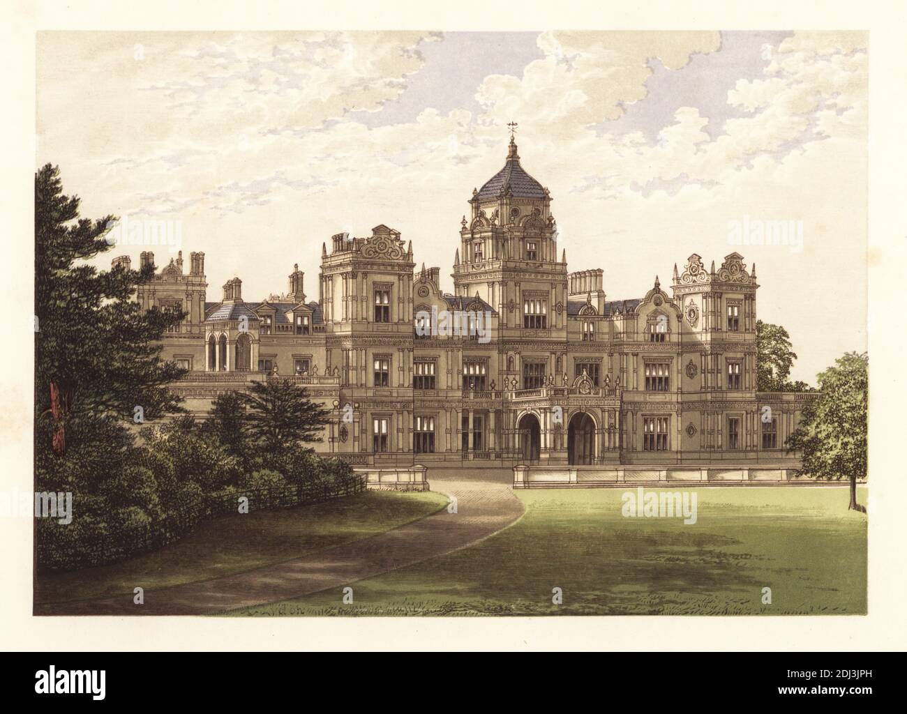 Westonbirt House, Gloucestershire, England. Mansion house designed by architect Lewis Vulliamy for owner Robert Stayner Holford in 1839. Colour woodblock by Benjamin Fawcett in the Baxter process of an illustration by Alexander Francis Lydon from Reverend Francis Orpen Morris’s Picturesque Views of the Seats of Noblemen and Gentlemen of Great Britain and Ireland, William Mackenzie, London, 1880. Stock Photo