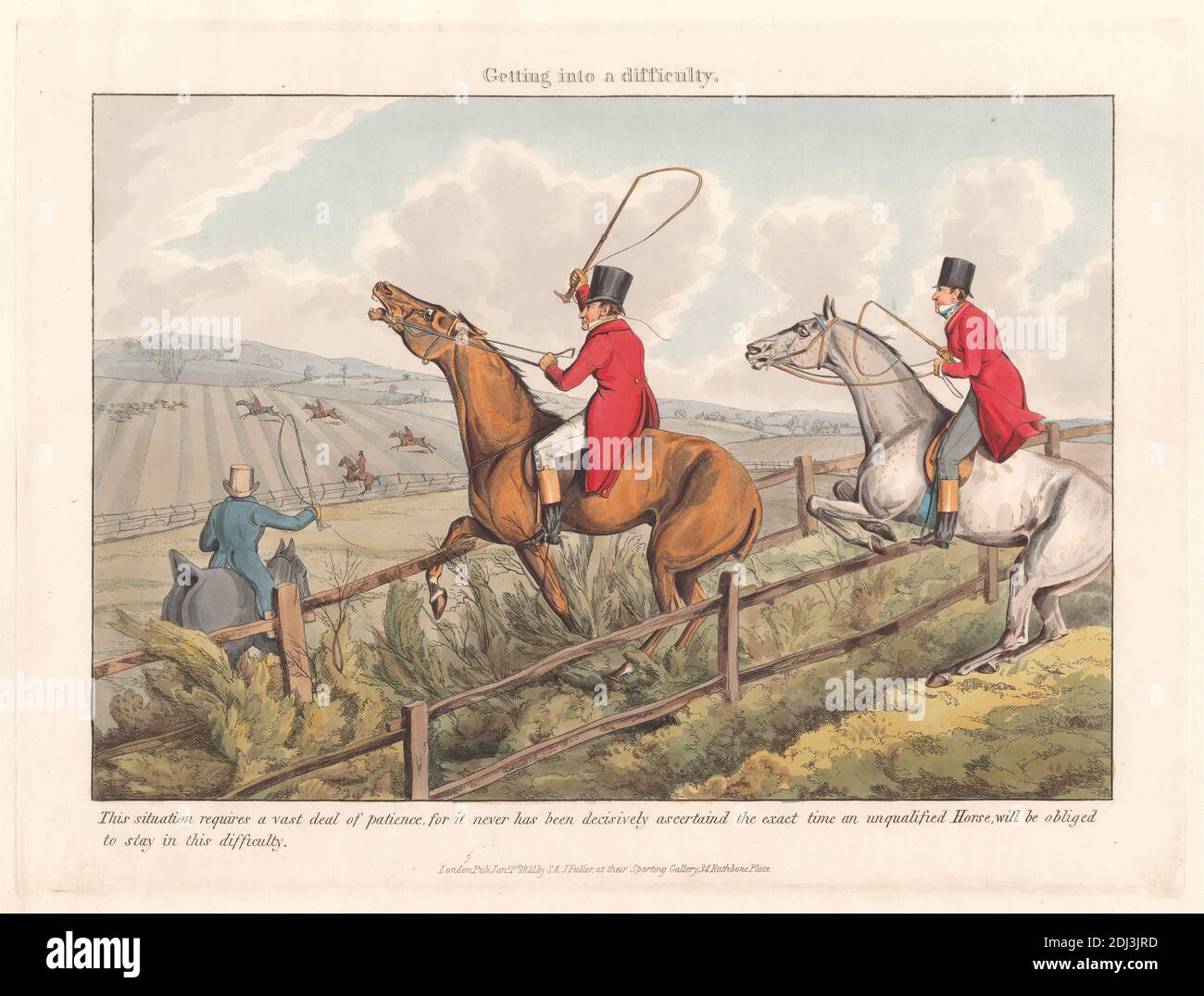 Fox-hunting Some Do and Some Don't: It is All a Notion. Getting into a difficulty, Henry Thomas Alken, 1785–1851, British, 1820, Hand colored etching, Sheet: 8 3/4 x 11 13/16in. (22.2 x 30cm Stock Photo