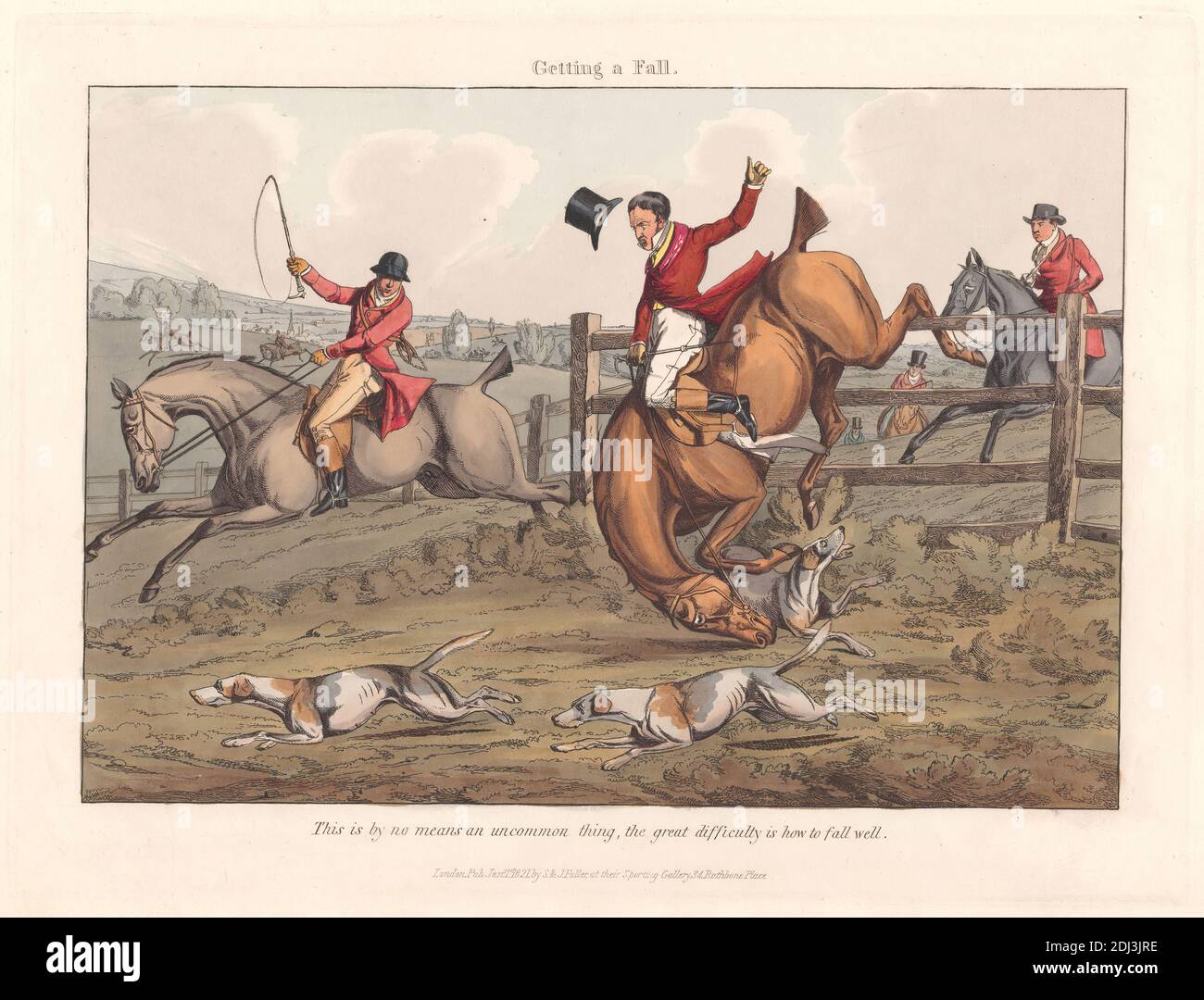 Fox-hunting Some Do and Some Don't: It is All a Notion. Getting a fall, Henry Thomas Alken, 1785–1851, British, 1820, Hand colored etching, Sheet: 8 3/4 x 11 13/16in. (22.2 x 30cm Stock Photo