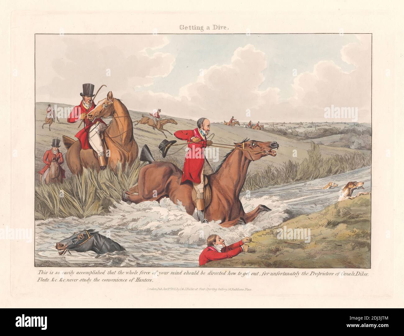 Fox-hunting Some Do and Some Don't: It is All a Notion. Getting a Dive, Henry Thomas Alken, 1785–1851, British, 1820, Hand colored etching, Sheet: 8 3/4 x 11 13/16in. (22.2 x 30cm Stock Photo