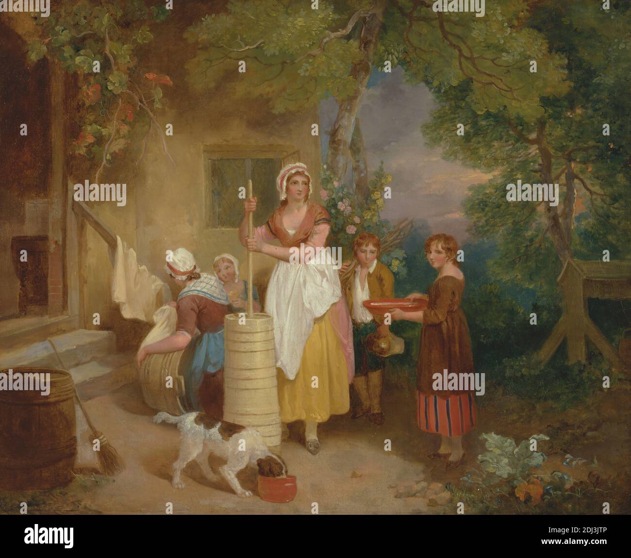 Morning Francis Wheatley 1747 1801 British 1799 Oil On Canvas Support Ptg 17 1 2 X 21 1 2 Inches 44 5 X 54 6 Cm Barrels Bowl Boy Broom Children Churn Butter Costume Cottage Dog Animal