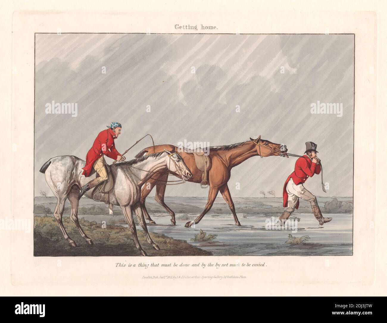 Fox-hunting Some Do and Some Don't: It is All a Notion. Getting Home., Henry Thomas Alken, 1785–1851, British, 1820, Hand colored etching, Sheet: 8 3/4 x 11 13/16in. (22.2 x 30cm Stock Photo