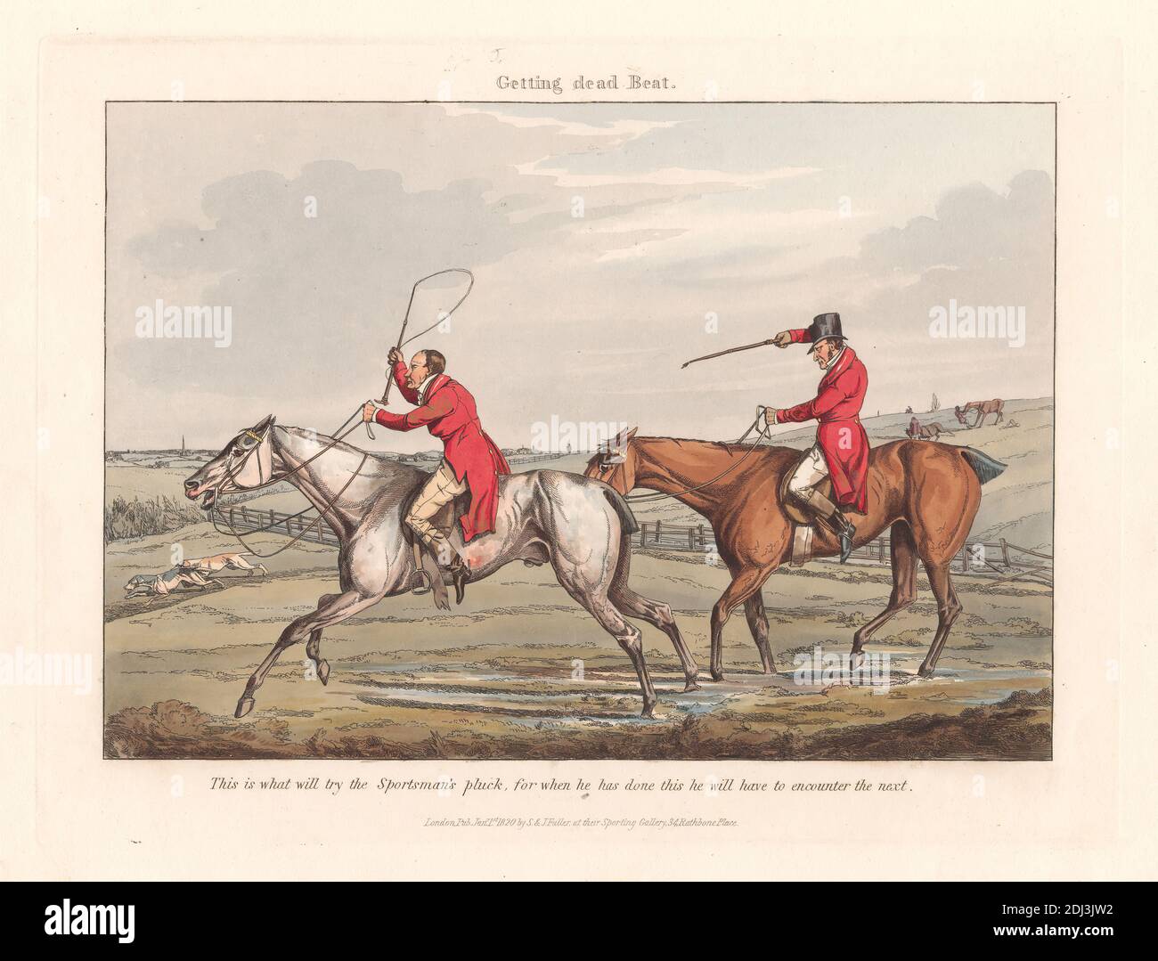 Fox-hunting Some Do and Some Don't: It is All a Notion. Getting Dead Beat, Henry Thomas Alken, 1785–1851, British, 1820, Hand colored etching, Sheet: 8 3/4 x 11 13/16in. (22.2 x 30cm Stock Photo