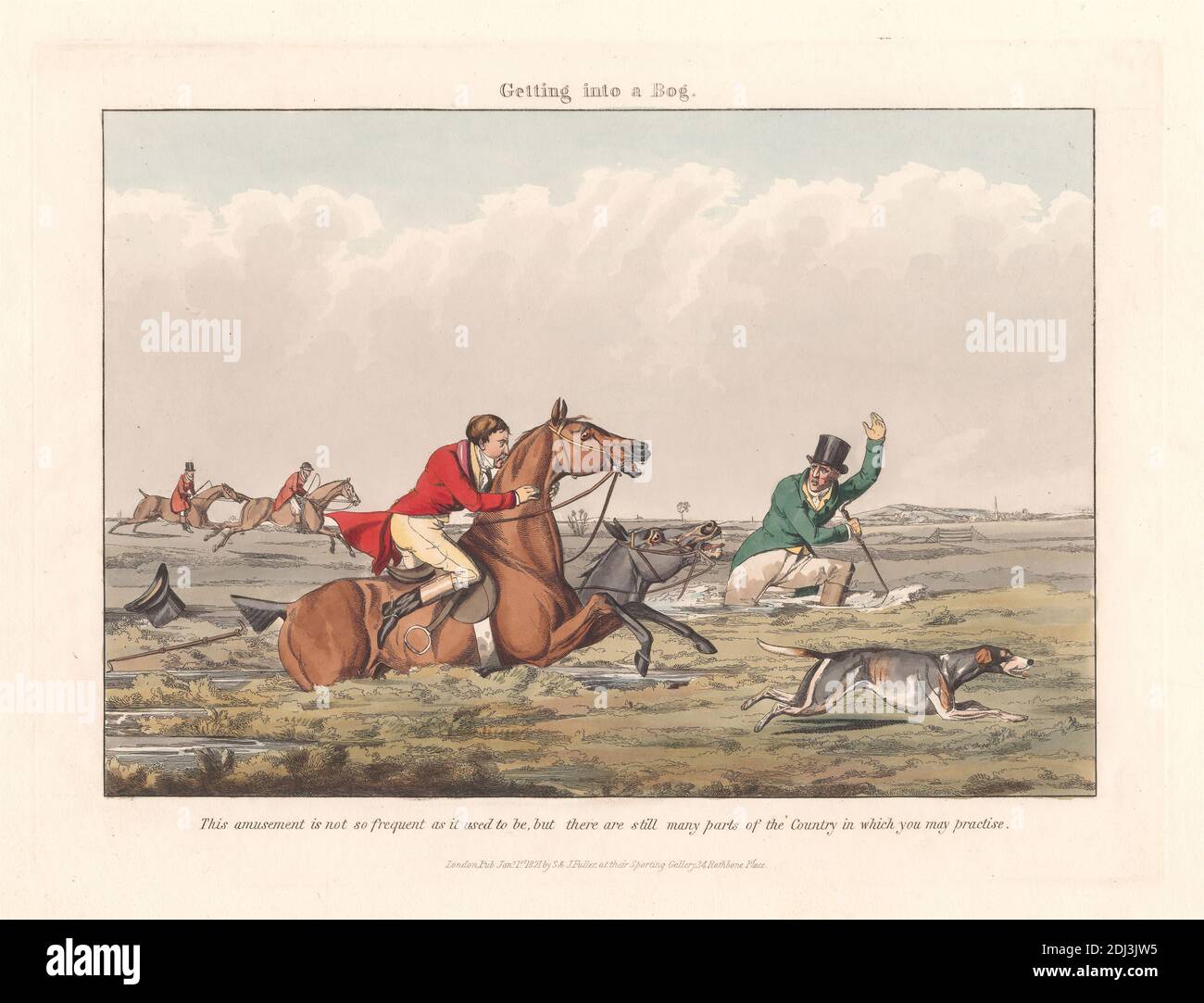 Fox-hunting Some Do and Some Don't: It is All a Notion. Getting into a Bog, Henry Thomas Alken, 1785–1851, British, 1820, Hand colored etching, Sheet: 8 3/4 x 11 13/16in. (22.2 x 30cm Stock Photo
