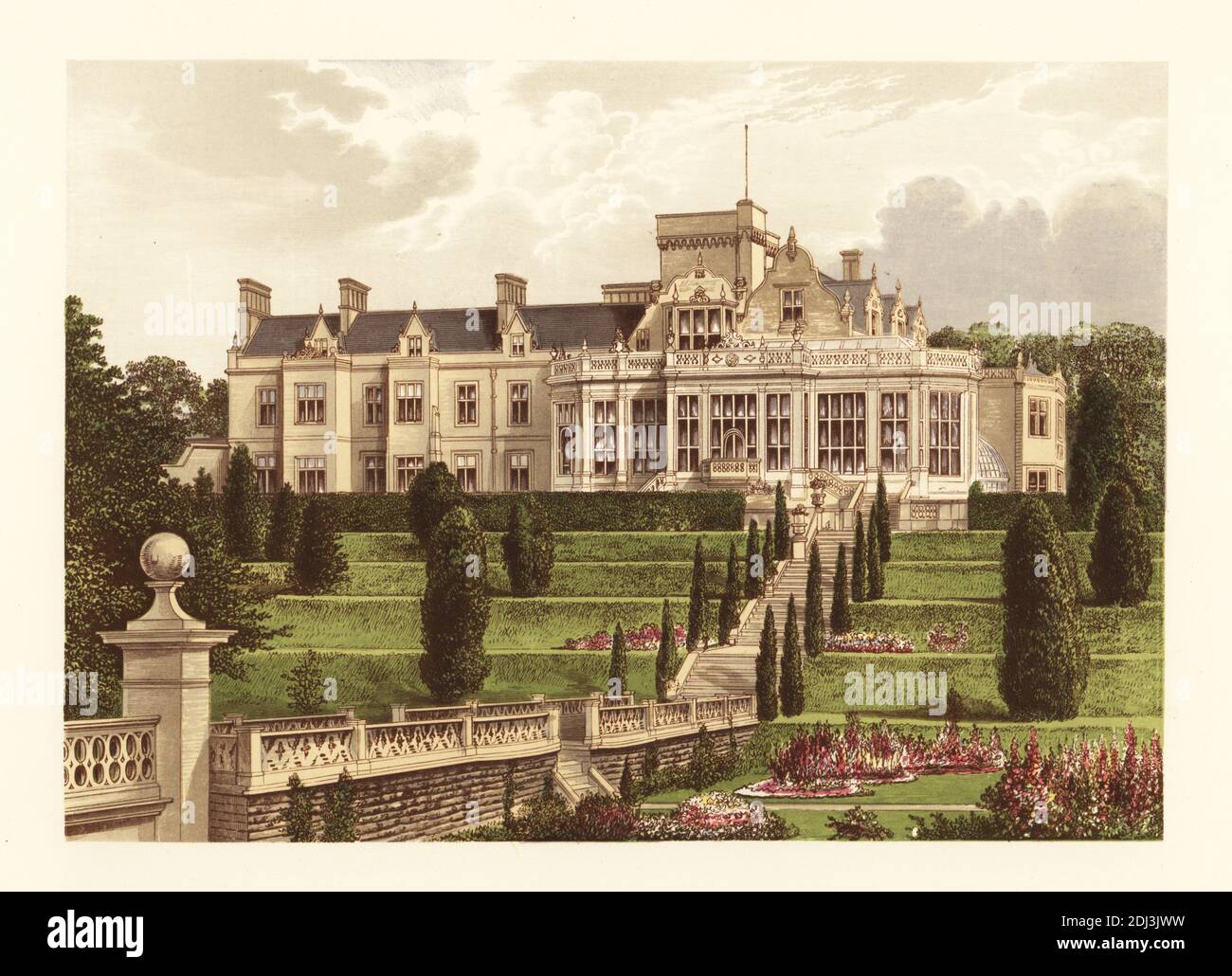 Easton Hall, Lincolnshire, England. Elizabethan mansion with walled gardens renovated in the mid-19th century for Sir Montague Cholmeley, 1st Baronet. Colour woodblock by Benjamin Fawcett in the Baxter process of an illustration by Alexander Francis Lydon from Reverend Francis Orpen Morris’s Picturesque Views of the Seats of Noblemen and Gentlemen of Great Britain and Ireland, William Mackenzie, London, 1880. Stock Photo