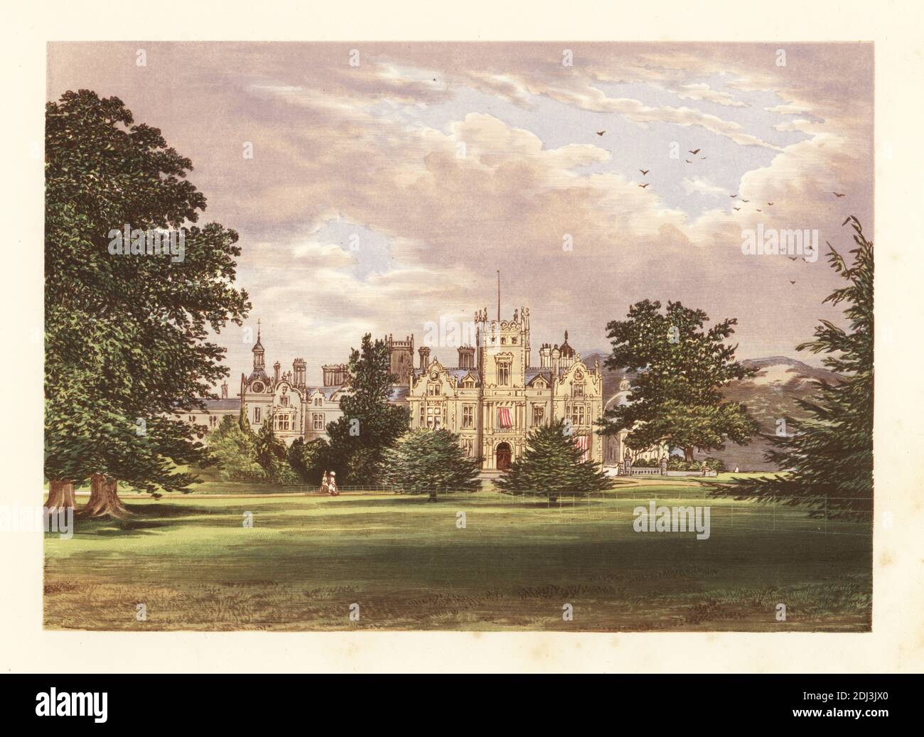 Preston Hall, Kent, England. Jacobean-style house built by architect John Thomas for railway contractor Edward Ladd Betts between 1848 and 1866. Colour woodblock by Benjamin Fawcett in the Baxter process of an illustration by Alexander Francis Lydon from Reverend Francis Orpen Morris’s Picturesque Views of the Seats of Noblemen and Gentlemen of Great Britain and Ireland, William Mackenzie, London, 1880. Stock Photo
